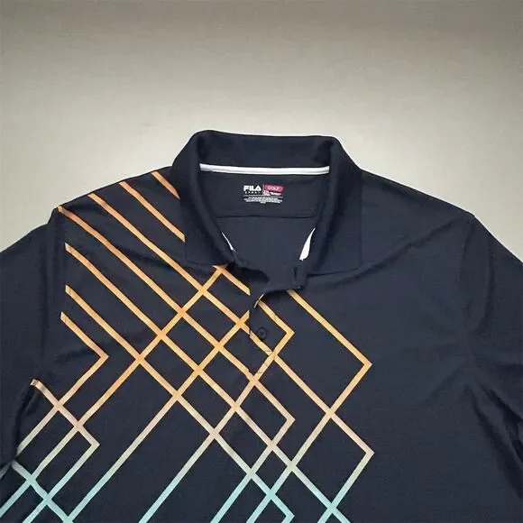 Fila Men's Size M Navy Geometric Polo Shirt Multicolor Short Sleeve Golf Tennis - Picture 2 of 3